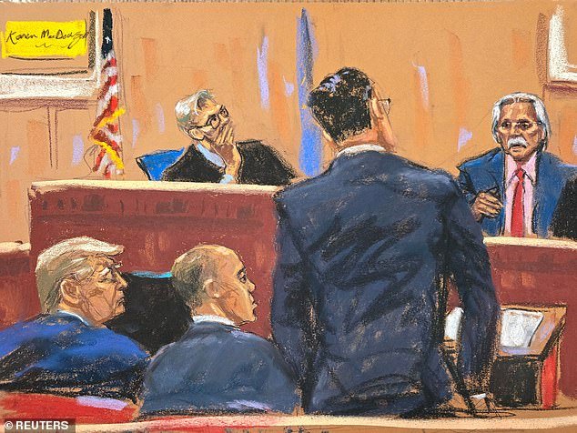 Former US President Donald Trump watches as prosecutor Joshua Steinglass questions David Pecker during Trump's criminal trial on charges that he falsified business records to hide money paid to silence porn star Stormy Daniels in 2016