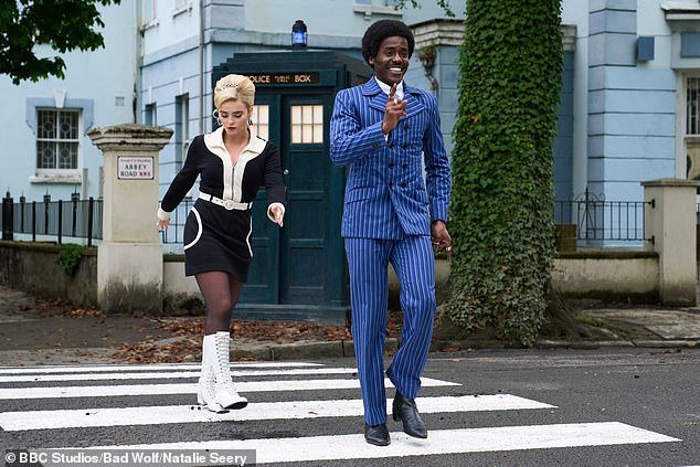 Ncuti Gatwa stepped into the swinging sixties looking stylish in pinstripe suit while filming Doctor Who alongside co-star Millie Gibson