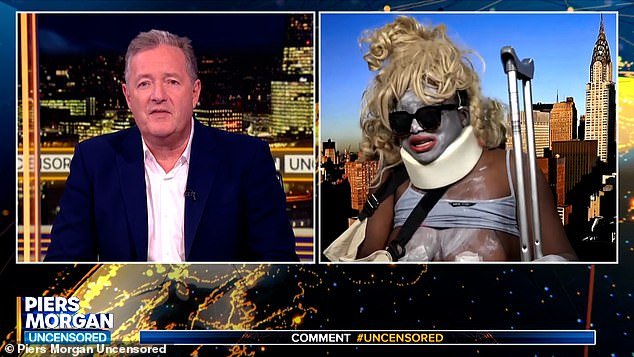 Crackhead Barney can be seen during her performance in Piers Morgan Uncensored on Wednesday