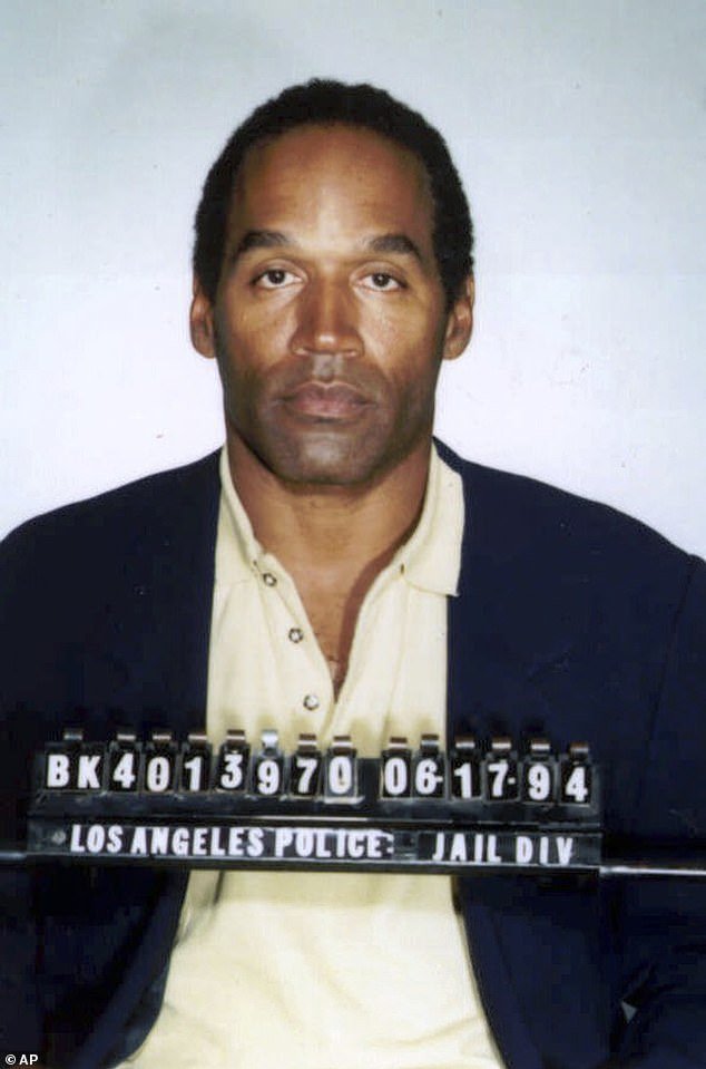 Simpson is seen in a booking photo after surrendering to authorities on murder charges.  He was later acquitted in a criminal trial, although he was found liable in a subsequent civil trial
