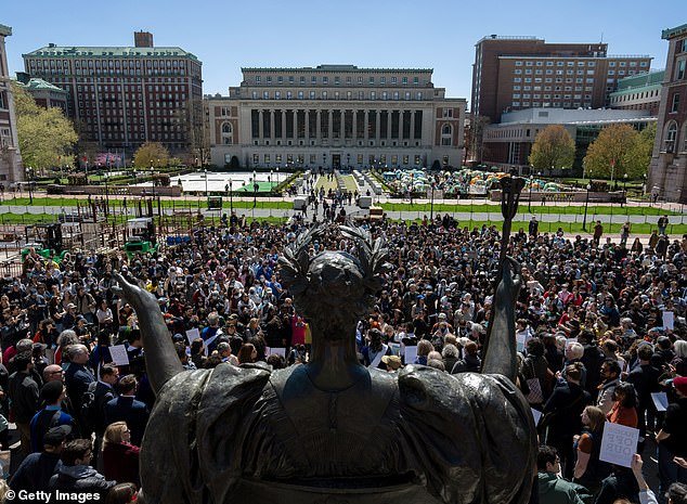 Parents of Columbia students are being encouraged to demand refunds after the college canceled all in-person classes as it struggles to gain traction in the pro-Palestinian protests.  On April 22, groups of demonstrators are seen on the site