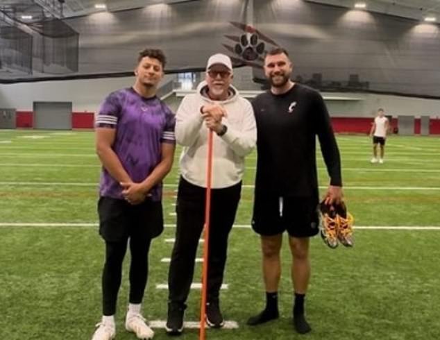 Patrick Mahomes and Travis Kelce pose with QB coach Jeff Christensen in Texas