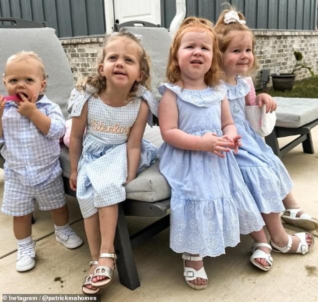 The Mahomes' children - Bronze (far left) and Sterling (middle left) with their cousins ​​on Sunday