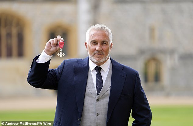 Celebrity baker Paul Hollywood was awarded an MBE at Windsor Castle on Wednesday for his services to baking and broadcasting