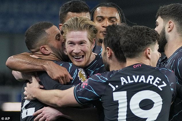 Man City midfielder Kevin De Bruyne celebrates after opening the scoring against Brighton