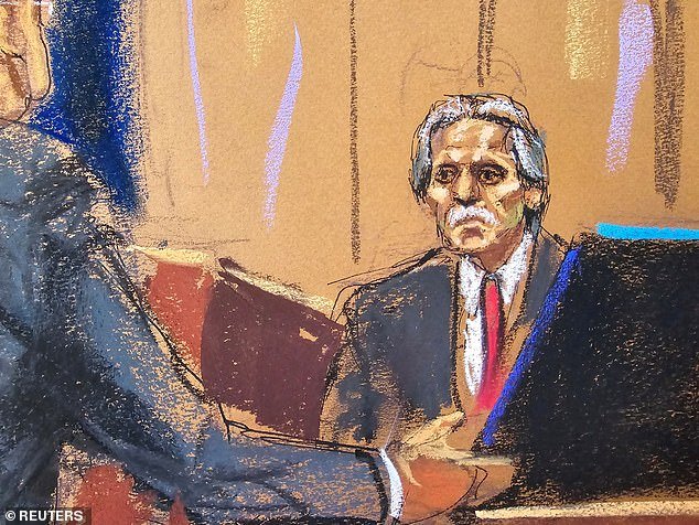 David Pecker is questioned by prosecutor Joshua Steinglass during former US President Donald Trump's criminal trial on charges that he falsified business records to hide money paid to silence porn star Stormy Daniels in 2016, in Manhattan District Court in New York City, USA, April 26, 2024 in this courtroom sketch