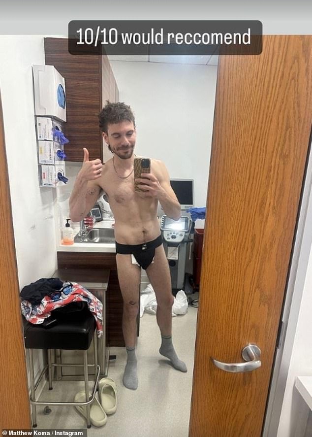 Matthew joked '10/10 would recommend (sic)' on the day of his vasectomy surgery as he took a selfie in his bandages and underwear