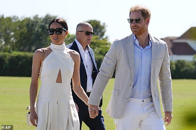 Prince Harry (right) and wife Meghan Markle, Duchess of Sussex, arrive for the 2024 Royal Salute Polo Challenge in Florida on Friday