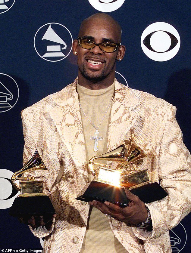 In this file photo taken on February 24, 1998, R. Kelly holds his three Grammy Awards in New York during the 40th Annual Grammy Awards