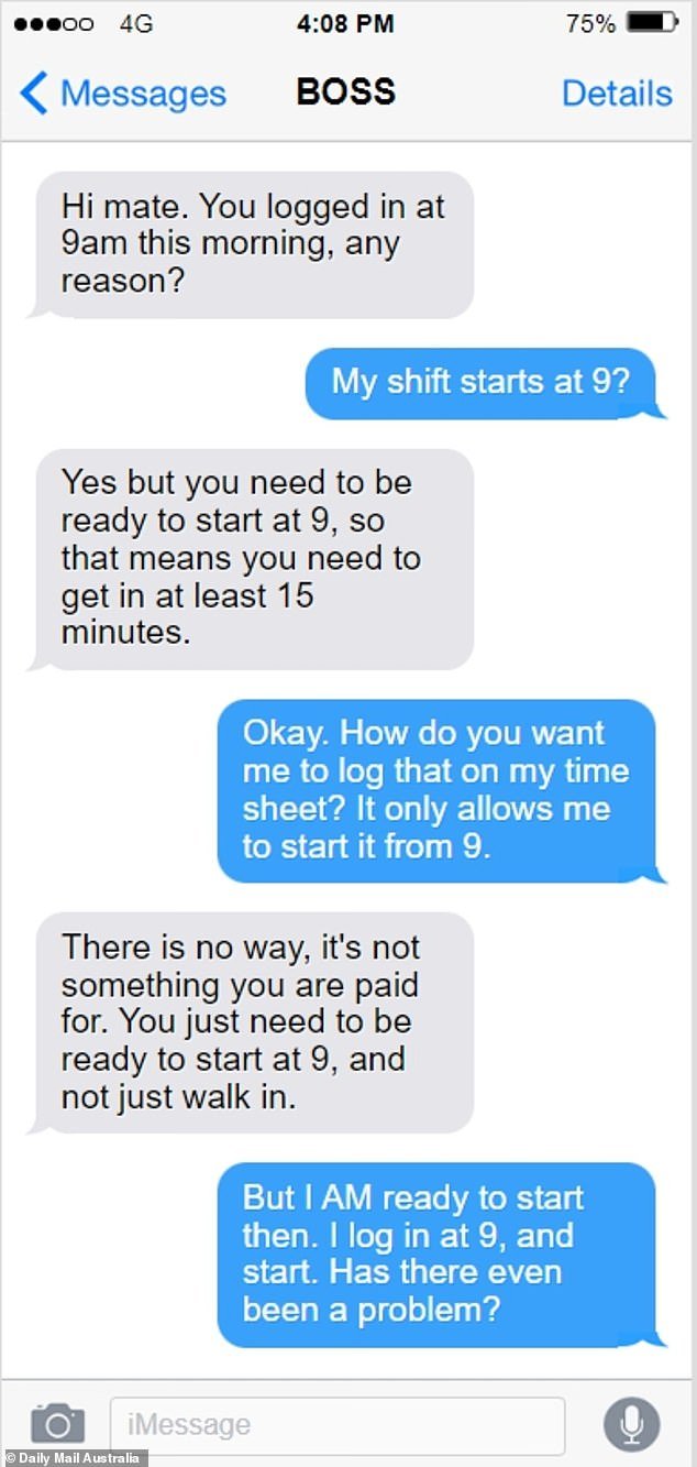 Texts (photo) between a boss and an employee about unpaid work have sparked a debate about work ethics