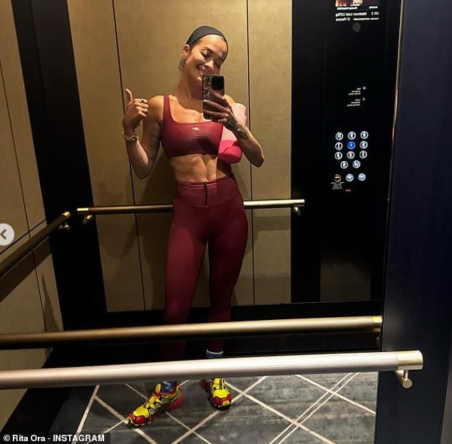 Rita Ora showed off her washboard abs in gym clothes as she took to Instagram to share her weekly get-together with fans