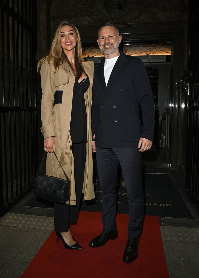 Retired Manchester United footballer Ryan, 40, and Zara, who have been dating since 2021, are expecting their first child later this year (pictured together in Manchester earlier this month)