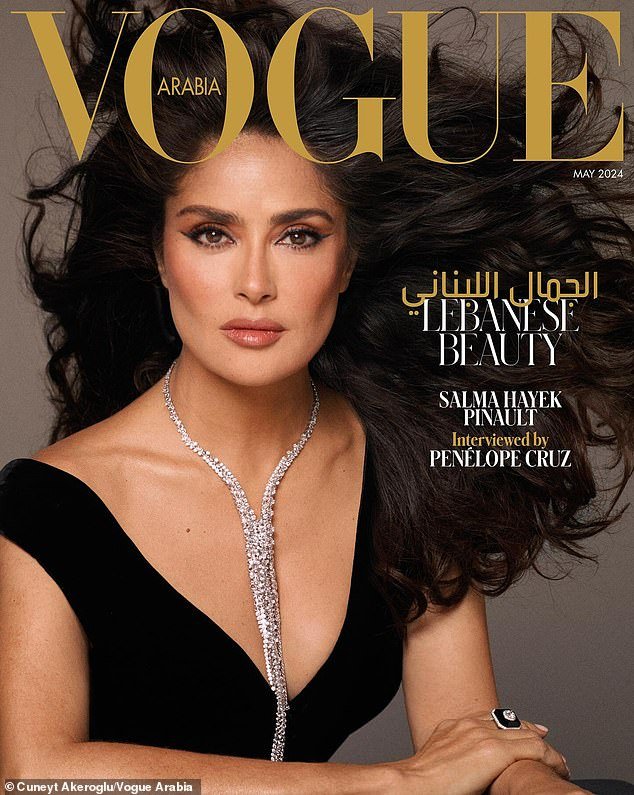 Salma Hayek oozes old Hollywood glamor in a plunging Gucci dress as she stars on her latest magazine cover for Vogue Arabia