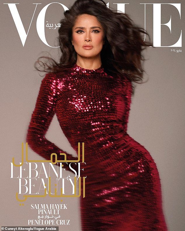 In another cover photo, Salma showed off her statuesque hourglass figure in a figure-hugging Balenciaga dress covered in deep red sequins