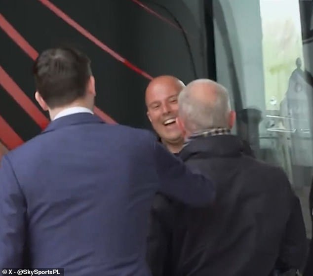 Feyenoord boss Arne Slot was all smiles when Sky Sports reporter Gary Cotterill greeted him and asked him about the Liverpool job