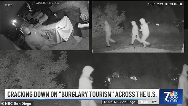 A hooded group sneaks around a house in an affluent San Diego suburb.  Authorities say they are non-citizens staying in the US on tourist visas