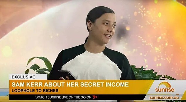 Sunrise presenter Matt Shirvington revealed on Monday that scammers have fabricated a fake interview between him and Mathilda's star Sam Kerr to try to trick people into signing up to a fraudulent investment platform (pictured is the fake interview)
