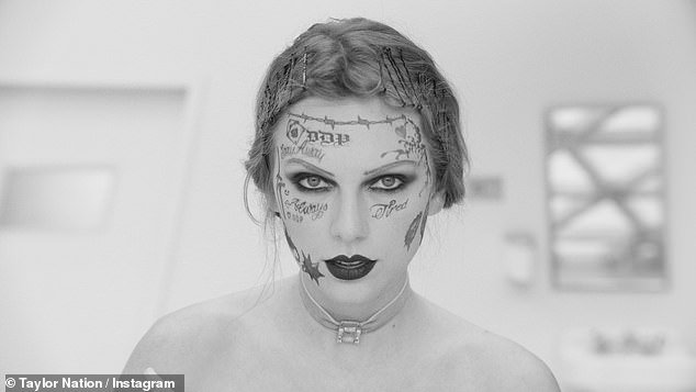 Taylor Swift's highly anticipated music video for her first single Fortnight from her double album Tortured Poet's Department;  In another sneak peek, Posty shared a striking photo of Taylor sporting temporary tattoos that were exact replicas of his facial tattoos