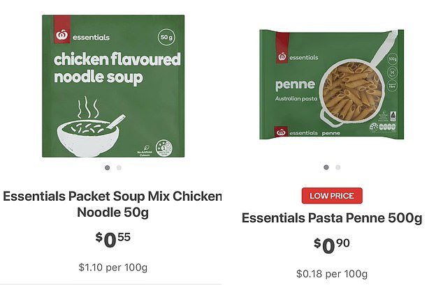 A mum revealed her favorite meal in tough times is a packet of Woolworths brand penne pasta (90c) and two packets of chicken flavored noodle soup (55c each).