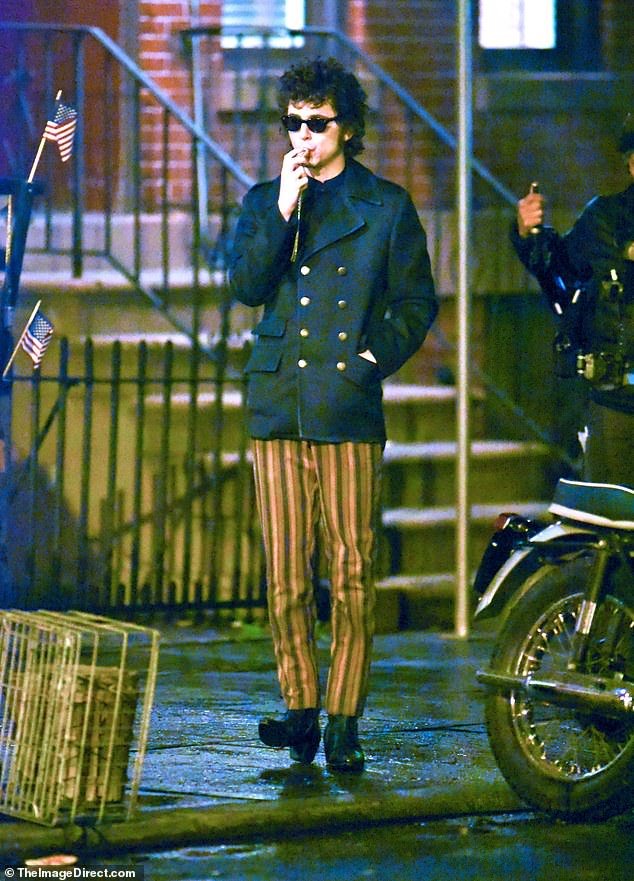 Timothe¿e Chalamet was working some late hours working on his latest film.  The versatile actor, 28, who stars as Bob Dylan, 82, in the biopic A Complete Unknown, was spotted early Friday morning during a night shoot in Jersey City, New Jersey.