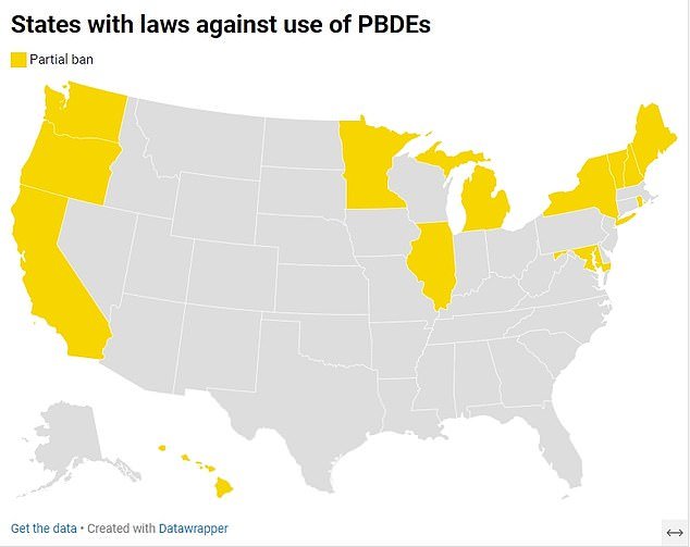 The map above shows states that have implemented bans on certain forms of PBDEs.  They are banned in many countries, including the European Union