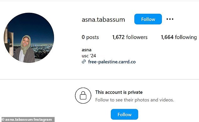 Tabassum shared pro-Palestinian views and likes via her Instagram account, which she has since made private and deleted her posts