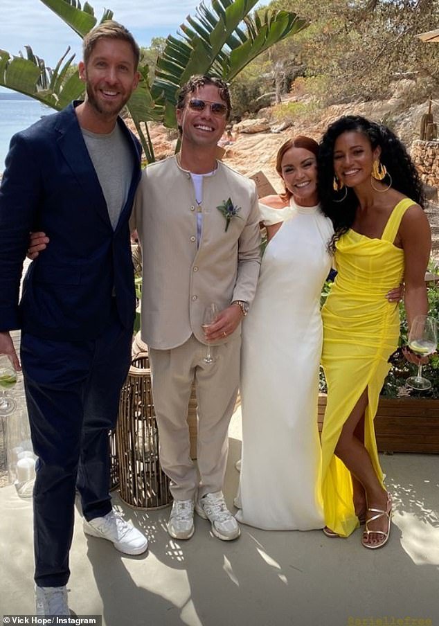 Vick Hope and Calvin Harris looked happier than ever at BBC Radio 1 DJ Arielle Free's wedding to George Pritchard in Ibiza, Spain on Thursday
