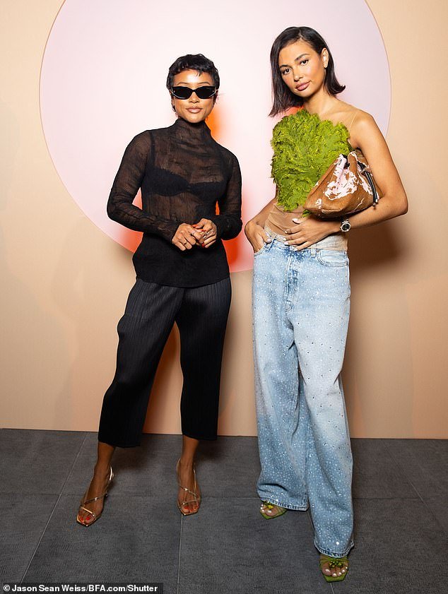 Karrueche Tran, 35, (left) also made an appearance wearing a black sheer top and silky skirt which she paired with gold strappy heels
