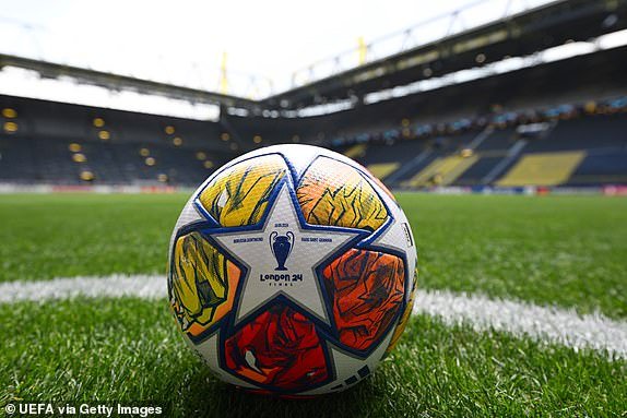 DORTMUND, GERMANY - MAY 01: A general view of the Adidas Finale London ball on the pitch ahead of the UEFA Champions League semi-final first leg between Borussia Dortmund and Paris Saint-Germain at Signal Iduna Park on May 1, 2024 in Dortmund, Germany.  (Photo by Oliver Hardt - UEFA/UEFA via Getty Images) (Photo by Oliver Hardt - UEFA/UEFA via Getty Images)