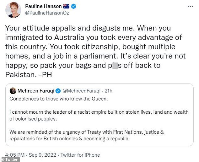 Hanson wrote: “You took citizenship, bought several houses and got a job in a legislature.  It's clear you're not happy, so pack your bags and go back to Pakistan'