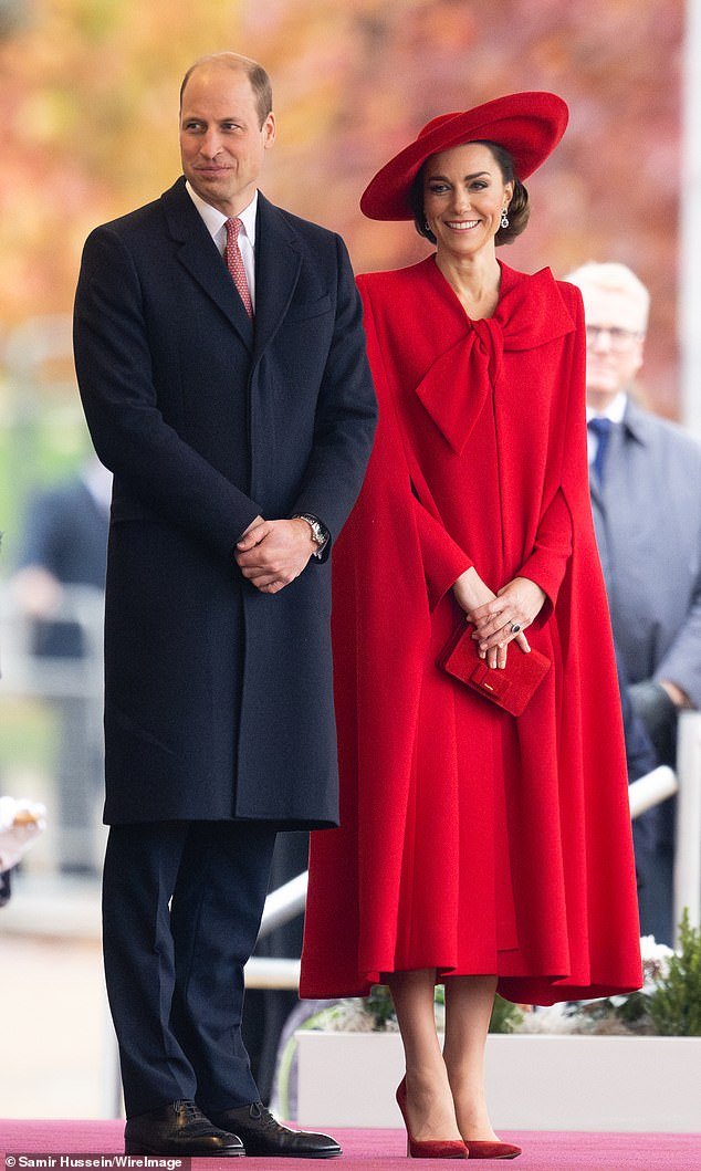 William has stepped up royal duties in Kate's absence.  Pictured: Prince William and Princess Kate are seen during a ceremonial welcome for the President and First Lady of the Republic of Korea during the Horse Guards Parade on November 21 last year