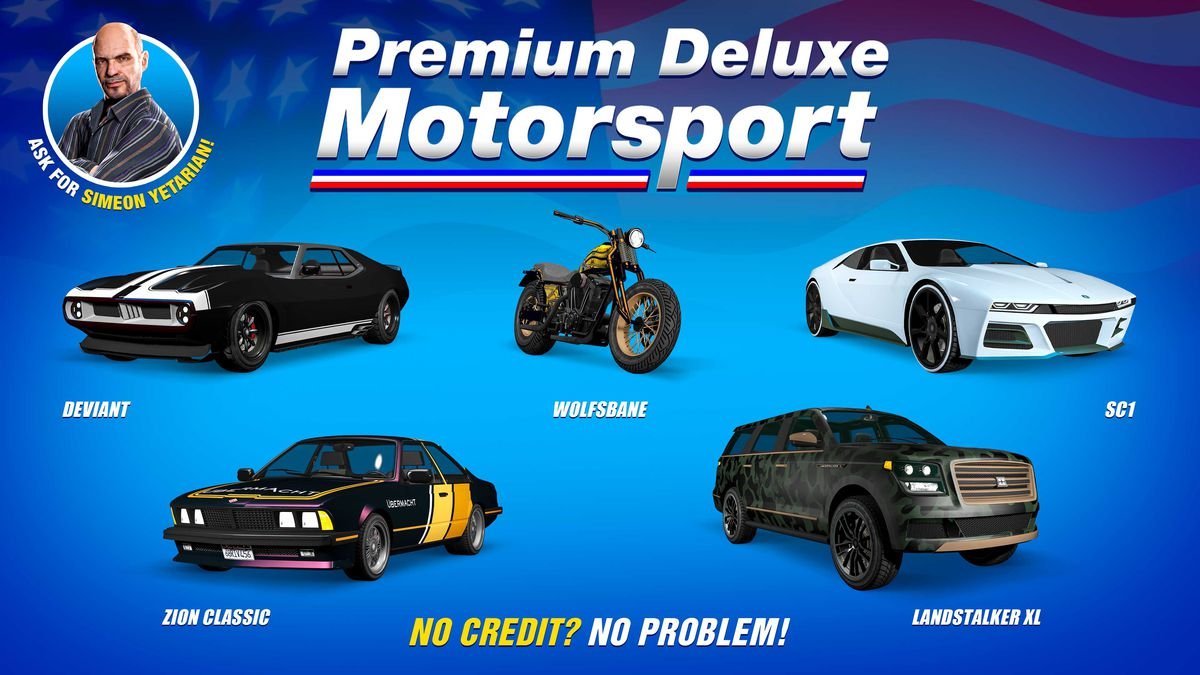 GTA Online promo art featuring vehicles for sale at Premium Deluxe Motorsport