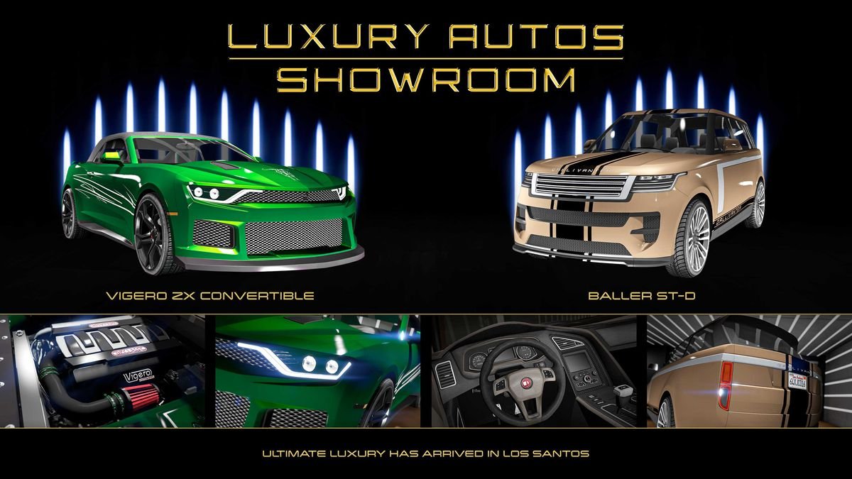 GTA Online promo art featuring vehicles for sale in Luxury Autos Showroom
