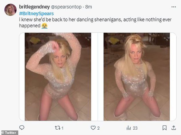 A fan noticed how Spears was back to her usual antics on social media, showing off her dance moves from her Southern California mansion
