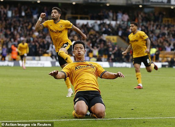 Football - Premier League - Wolverhampton Wanderers v Manchester City - Molineux Stadium, Wolverhampton, Great Britain - September 30, 2023 Wolverhampton Wanderers' Hwang Hee-chan celebrates scoring their second goal Action footage via Reuters/Ed Sykes NO USE WITH UNAUTHORIZED AUDIO, VIDEO , DATA, GAME LISTS, CLUB/LEAGUE LOGOS OR 'LIVE' SERVICES.  ONLINE USE IN THE CONTEST LIMITED TO 45 IMAGES, NO VIDEO EMULATION.  NO USE IN ANY BETTINGS, GAMES OR PUBLICATIONS FOR ANY CLUB/LEAGUE/PLAYER.