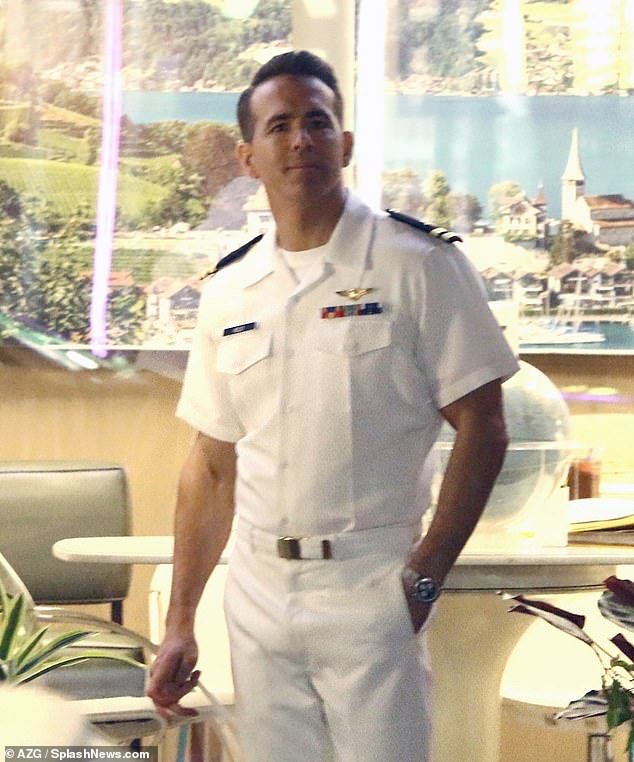 The actor looked dashing in a white naval uniform and his brown hair styled in a sleek pompadour during production of his upcoming action-adventure film