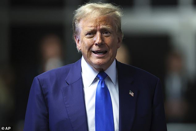 Trump speaks to the media before returning to court on Friday, May 5, 2024, for trial in the case in which he is accused of falsifying company records over hush money payments to porn star Stormy Daniels