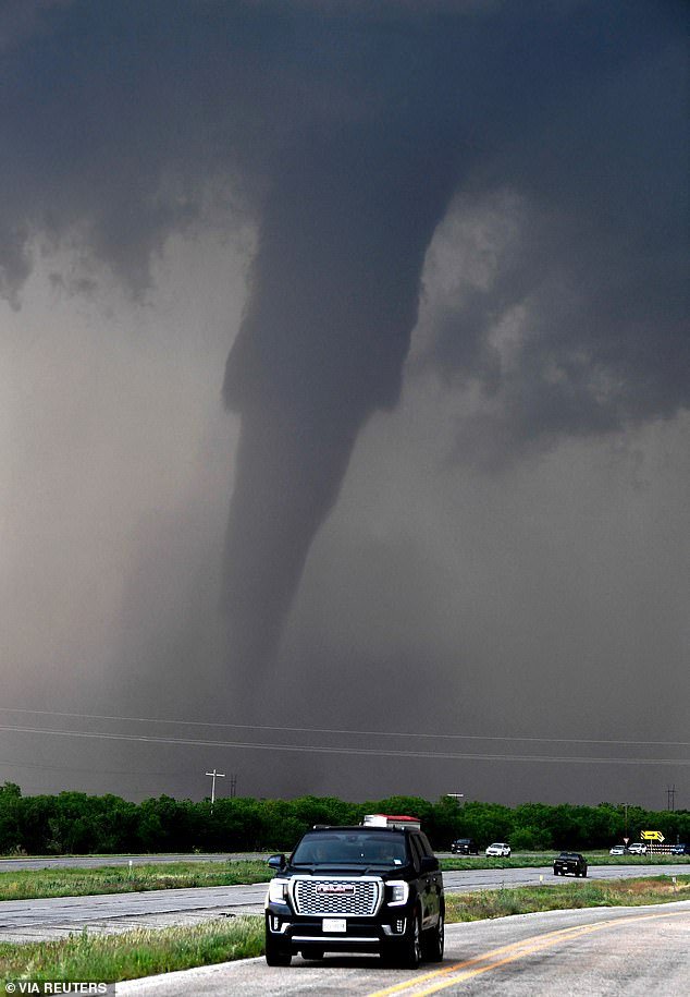 A close-up view of the terrifying tornado that spun along US 277 west of Hawley on Thursday