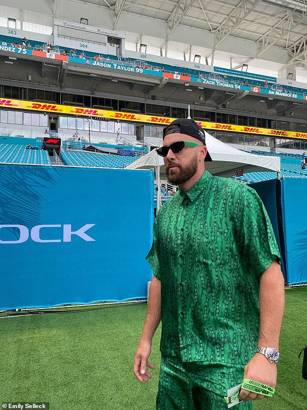 Travis Kelce arrives on Sunday afternoon - without Taylor Swift - at the Grand Prix of Miami
