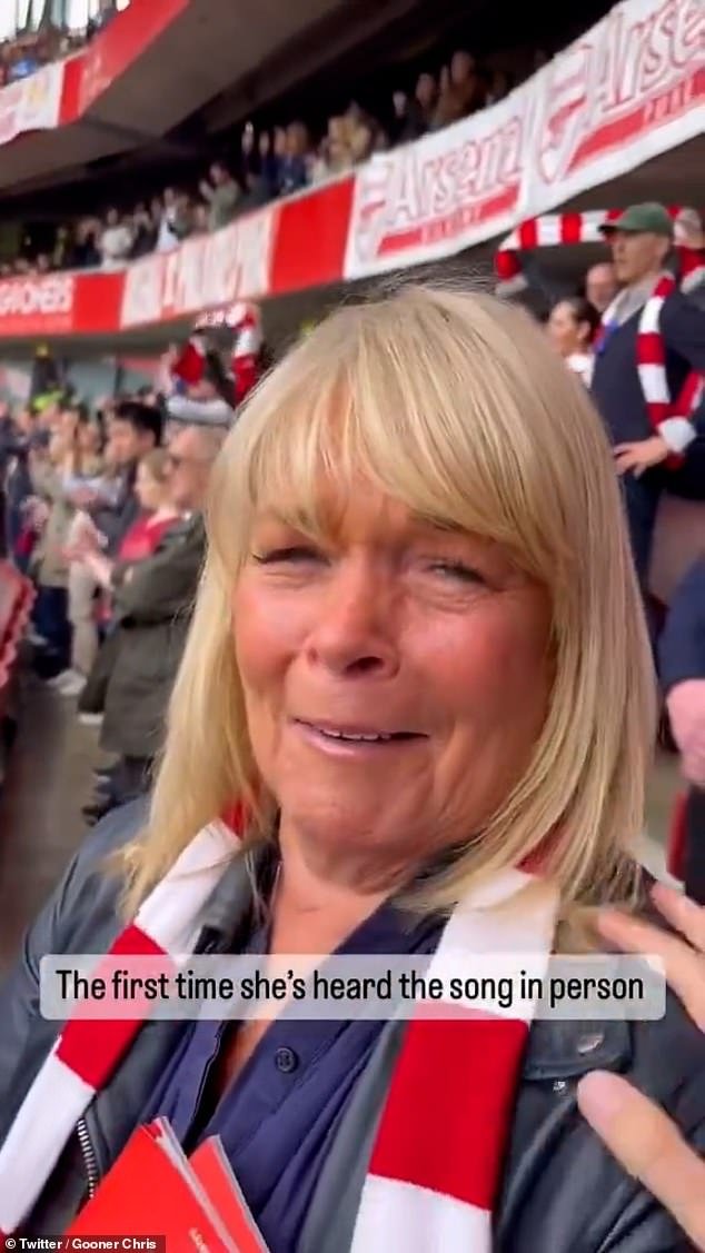 The Loose Women panelist, 66, who has lived in Islington all her life, was seen crying as the song was played ahead of Arsenal's defeat to Bournemouth on Saturday.