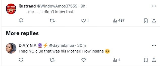 Excited Twitter users wrote: 'I didn't know that...I had NO idea it was his mother!  How insane... Yo, is that Pauline from Eastenders... She doesn't like birds and a feather show?... I'm shocked... I had no idea Linda is his mother!'