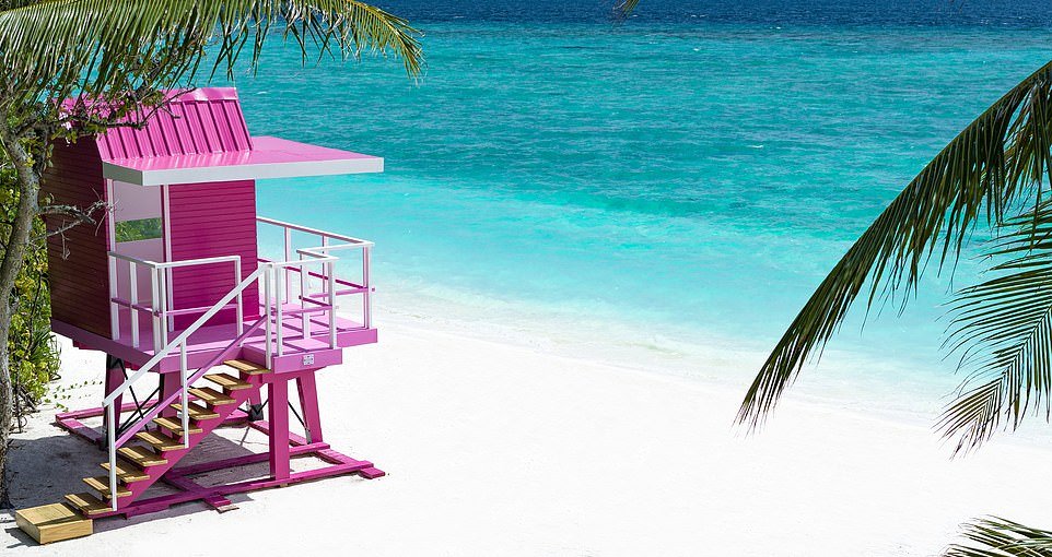 Above is Ifuru's striking Barbie-style lifeguard station.  Stays at the resort start at £750 per night, based on two people sharing a Sunset Sky Suite and including an 'Exclusively Yours' premium all-inclusive offer