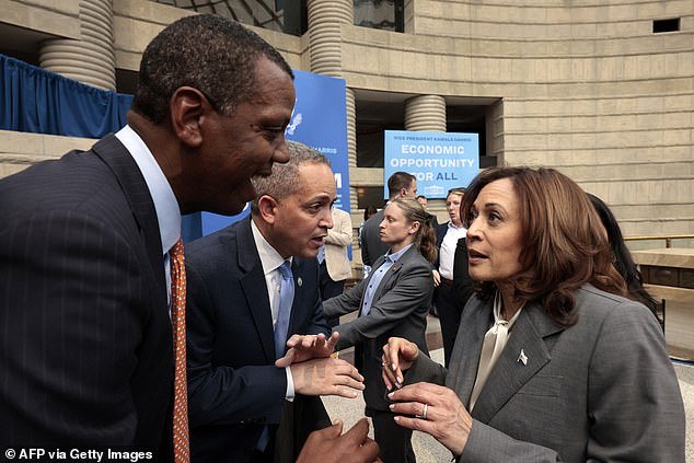 US Vice President Kamala Harris (R) talks with Deputy Commerce Secretary Don Graves (2nd from left) and Wole Coaxum, CEO of Mobility Capital Finance