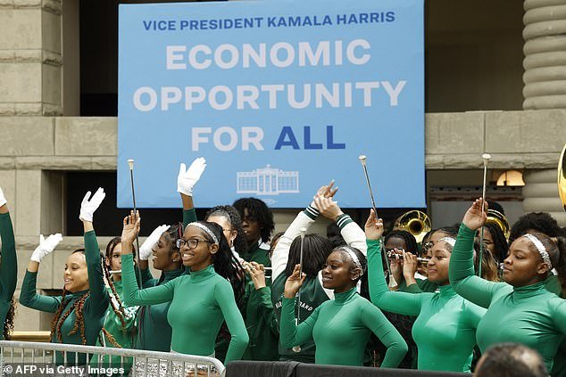 The Cass Technology High School marching band performs before U.S. Vice President Kamala Harris delivers a speech