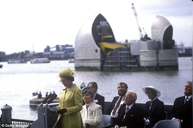 The photo shows Queen Elizabeth II officially opening the Thames Barrier on May 8, 1984 - two years after construction of the flood barrier was completed