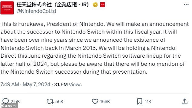 In a quiet post on Nintendo's official
