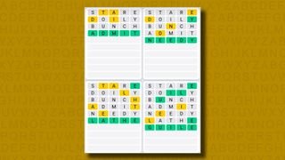Quordle Daily Sequence answers for game 836 on a yellow background