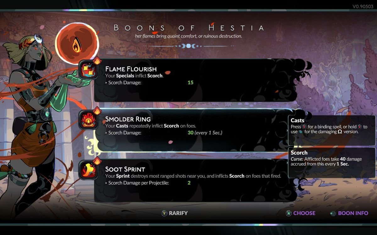 A Hades 2 menu shows three favors from Hestia.