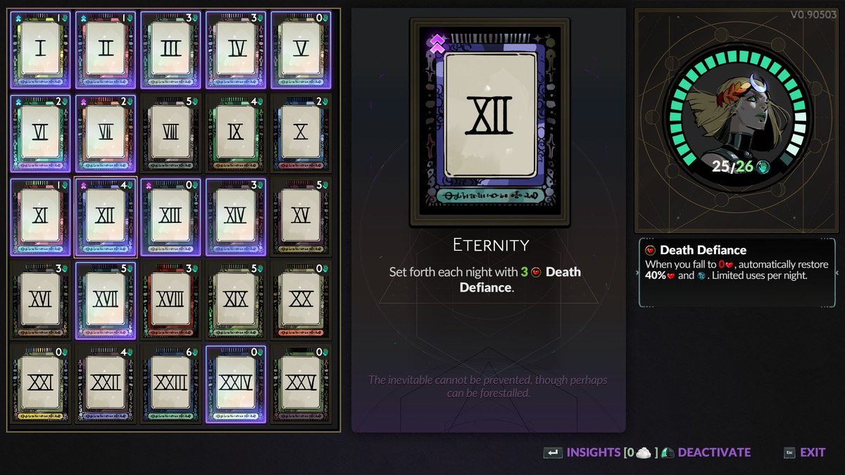 Melinoë chooses a number of Arcana cards for her run in Hades 2