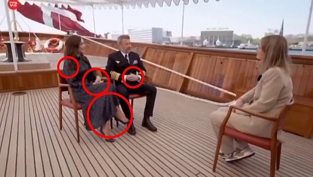 The couple's body language during the TV 2 interview was 'closed' and 'awkward', with Queen Mary blocking King Fred with her hands and legs and leaning away with her shoulders as he 'fidgeted' the whole time (pictured)